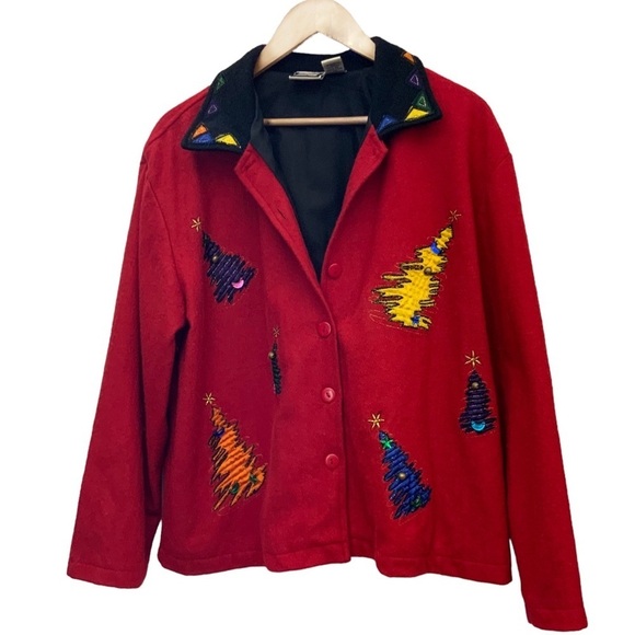 Holiday Take Two Vintage Christmas Jacket Boxy Red Embellished 80’s  Large - Picture 9 of 16